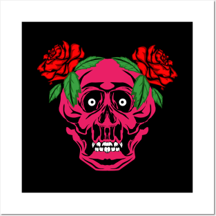 Pink of skull with red roses Posters and Art